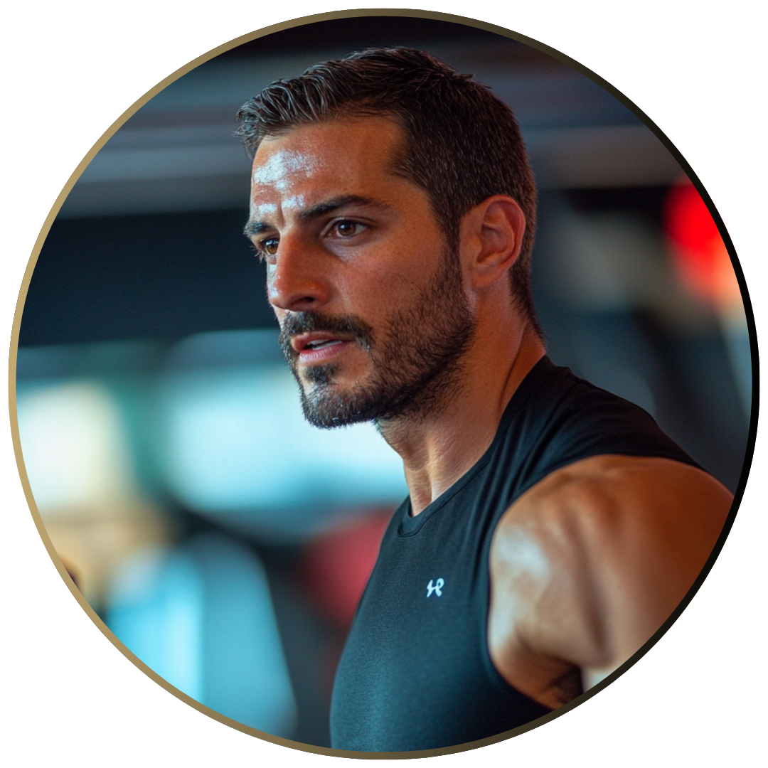 Man in a gym wearing a black sleeveless shirt, looking focused.