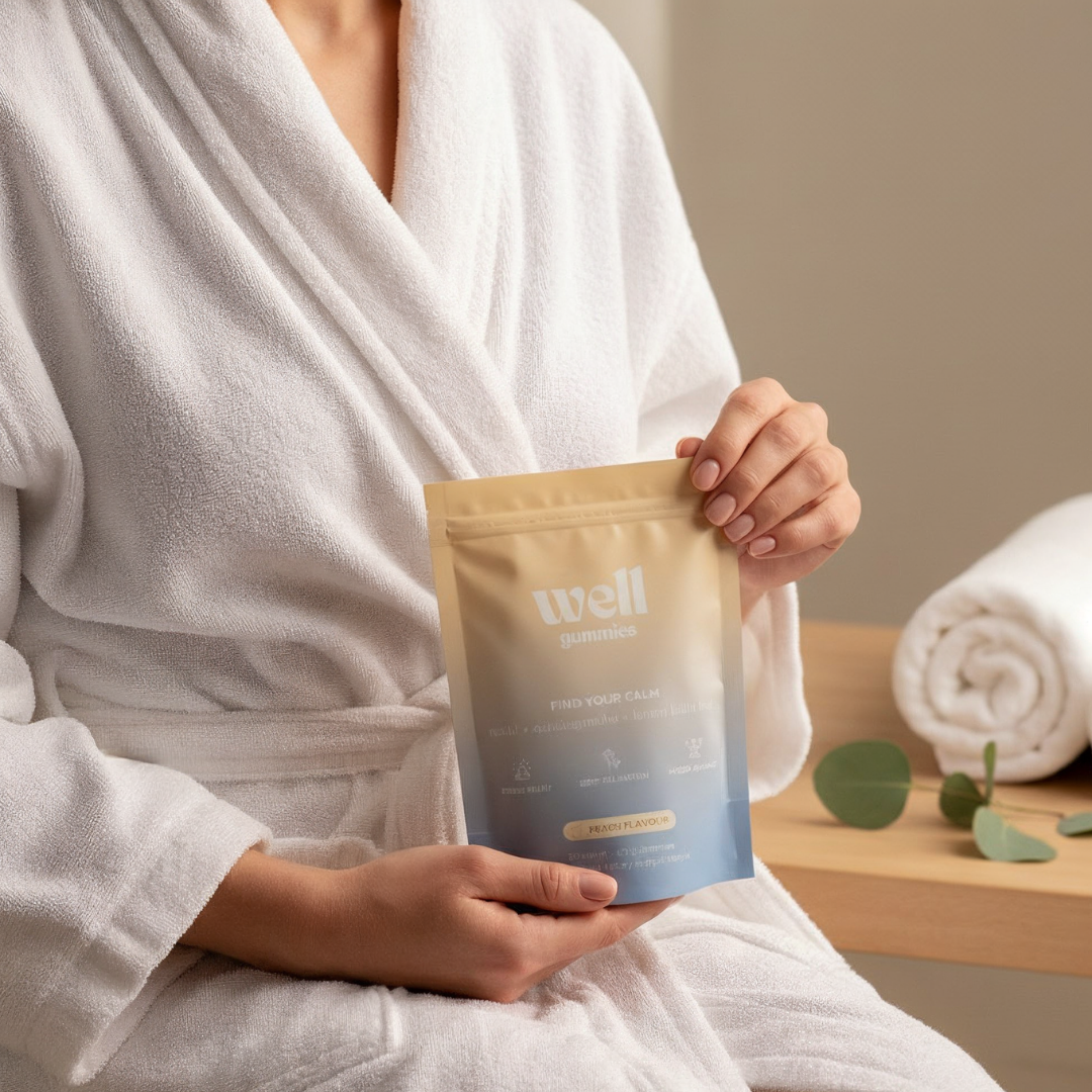 Person in white robe holding a package labeled 'well gummies'.
