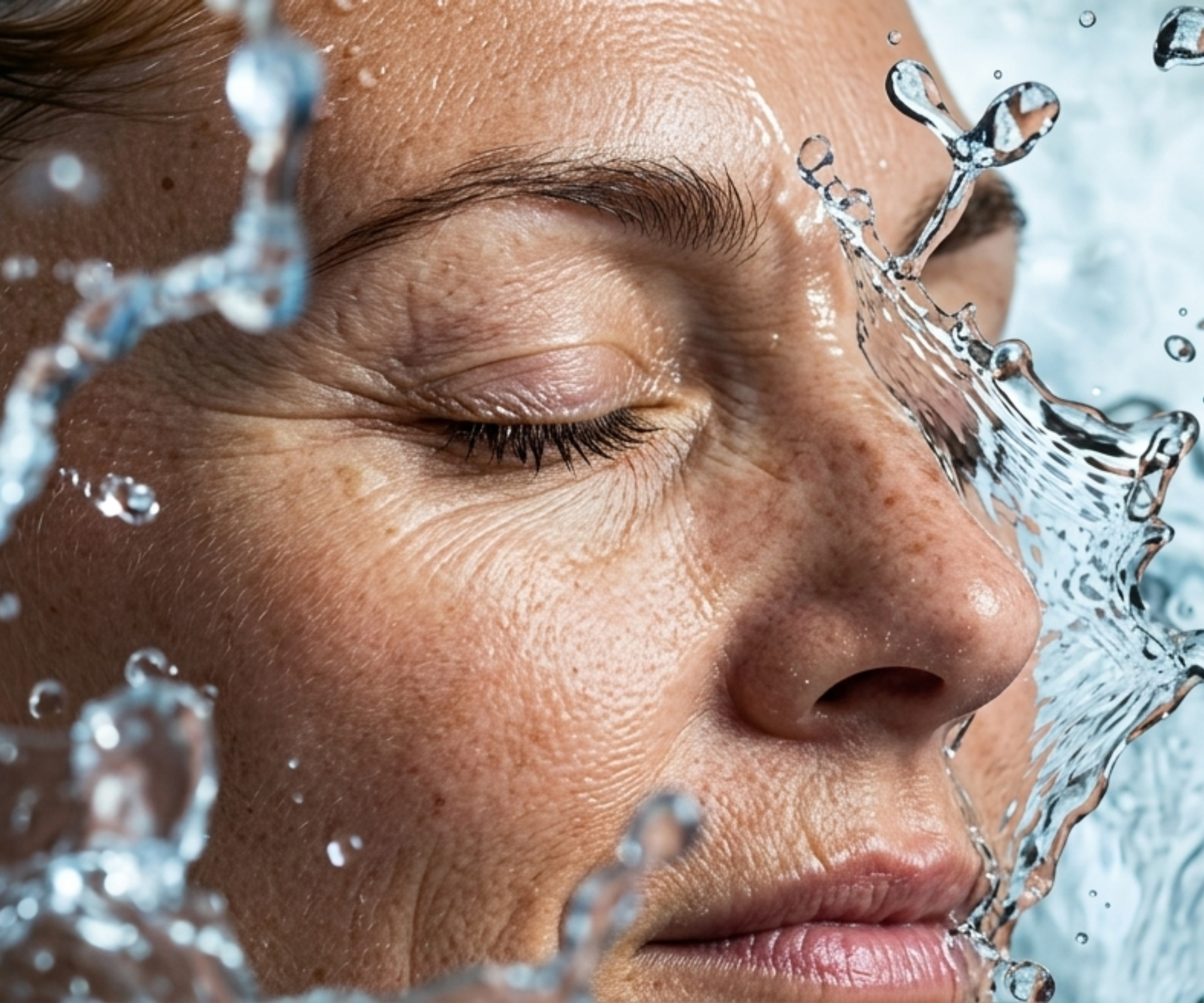 A close-up of a person's face with their eyes closed as water splashes onto their skin.