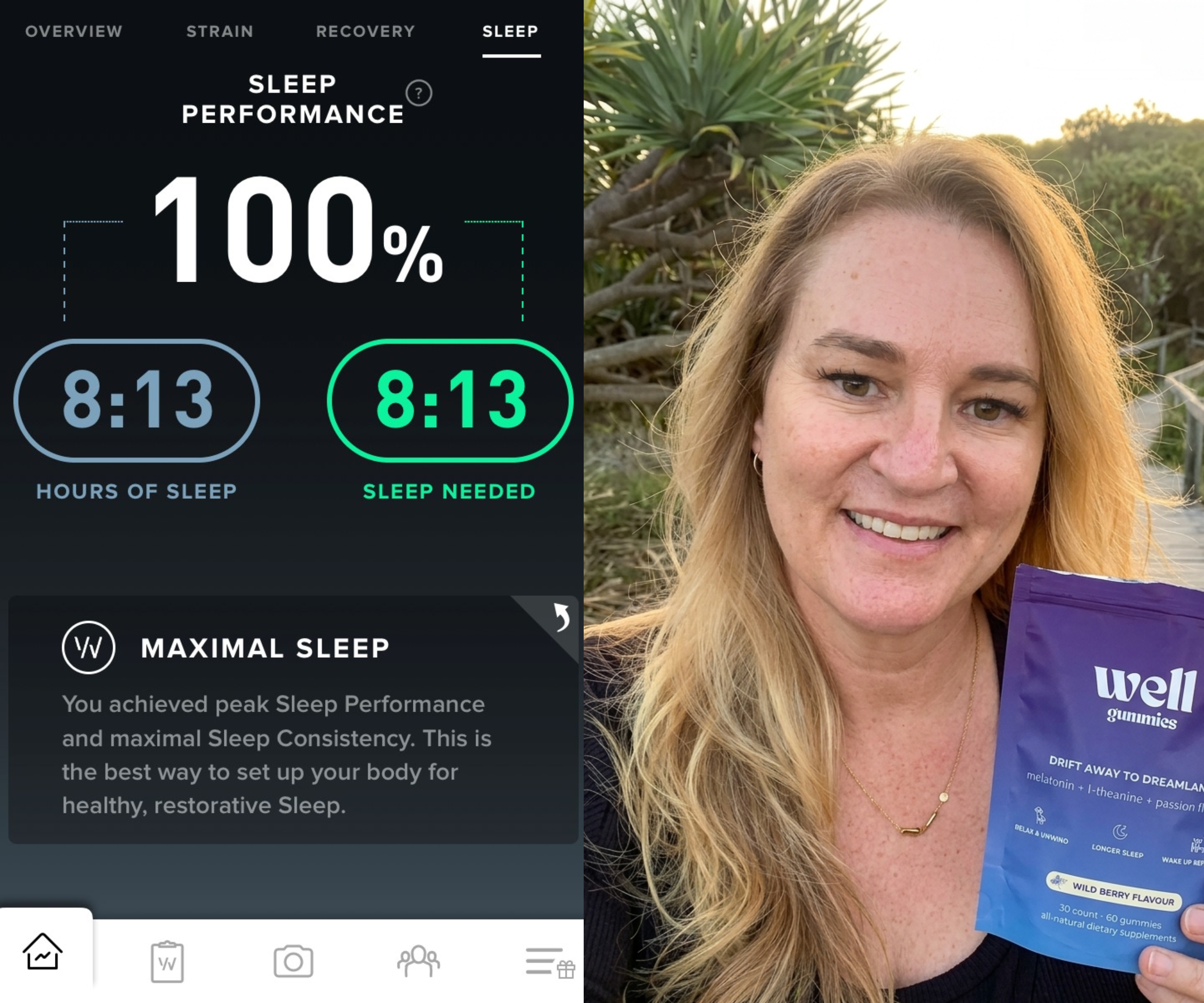 A woman holds a pouch of well gummies next to a sleep tracker app showing 100% sleep performance.