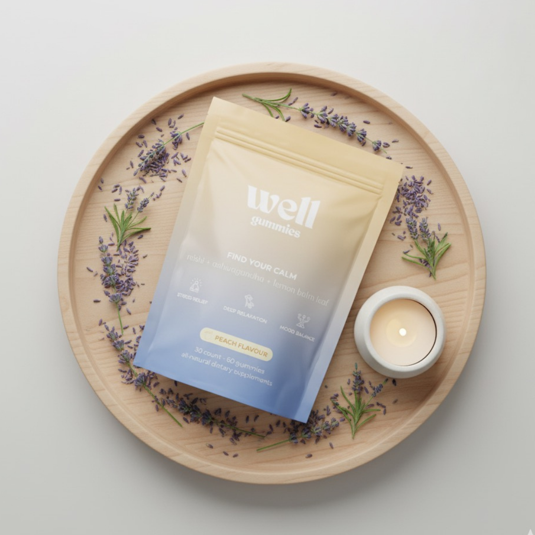 Gummy packet labeled 'Find Your Calm' on wooden tray with lavender and candle.
