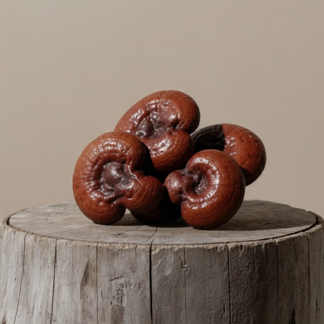 Cluster of brown mushrooms on a wooden stump.