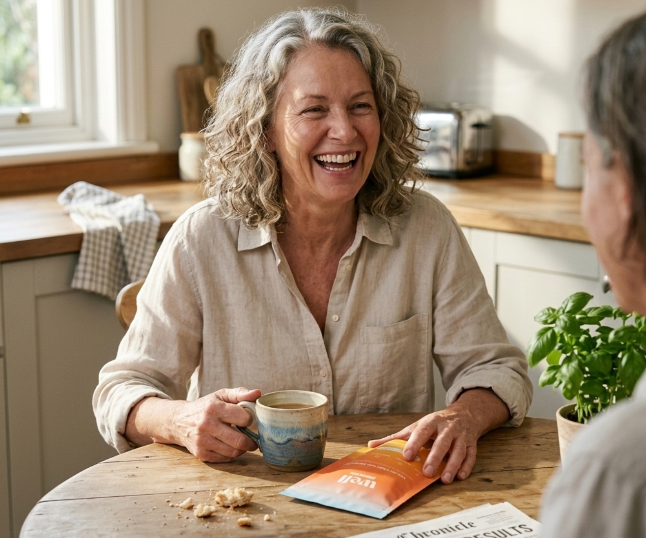 A woman with gray curly hair laughs while sitting at a wooden table across from another person.