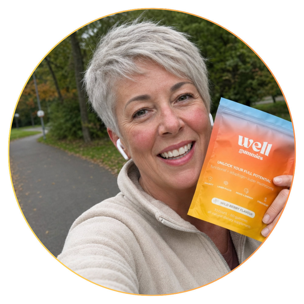 A smiling woman with short grey hair holds up a pouch of 'well gummies' while outdoors.
