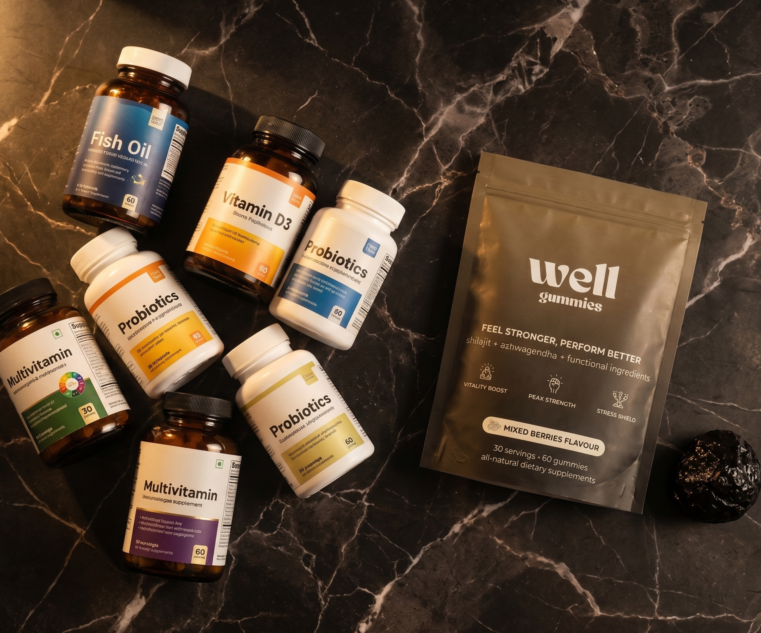 An assortment of dietary supplement bottles and a pouch of gummies arranged on a black marble surface.