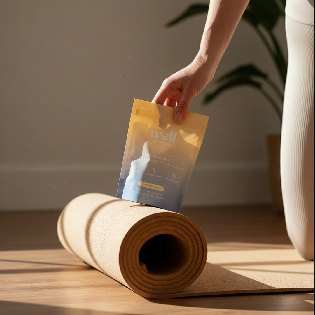 Hand placing a packet on a rolled yoga mat on wooden floor.