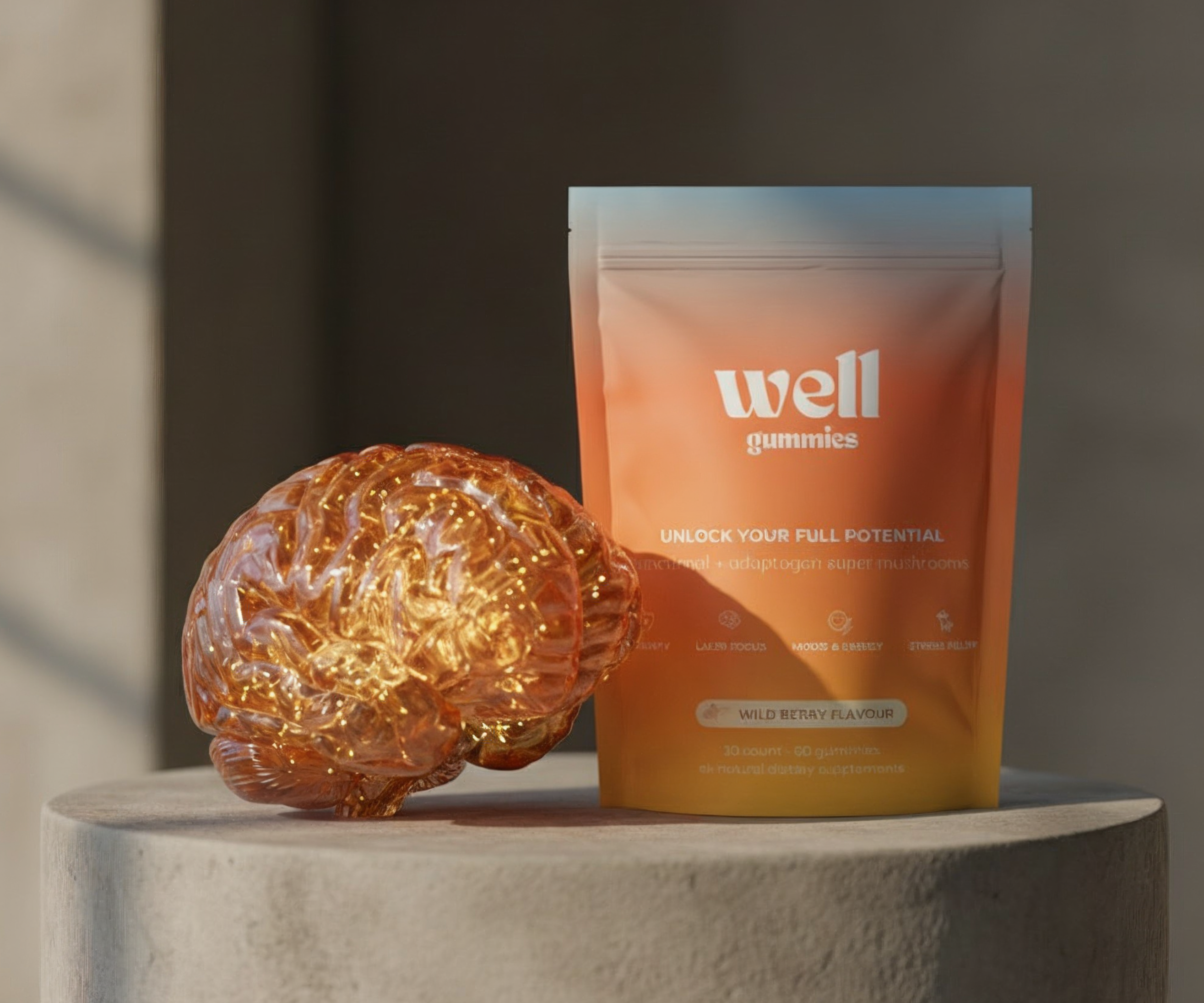 A pouch of 'well gummies' sits next to a glowing, amber-colored model of a brain on a pedestal.