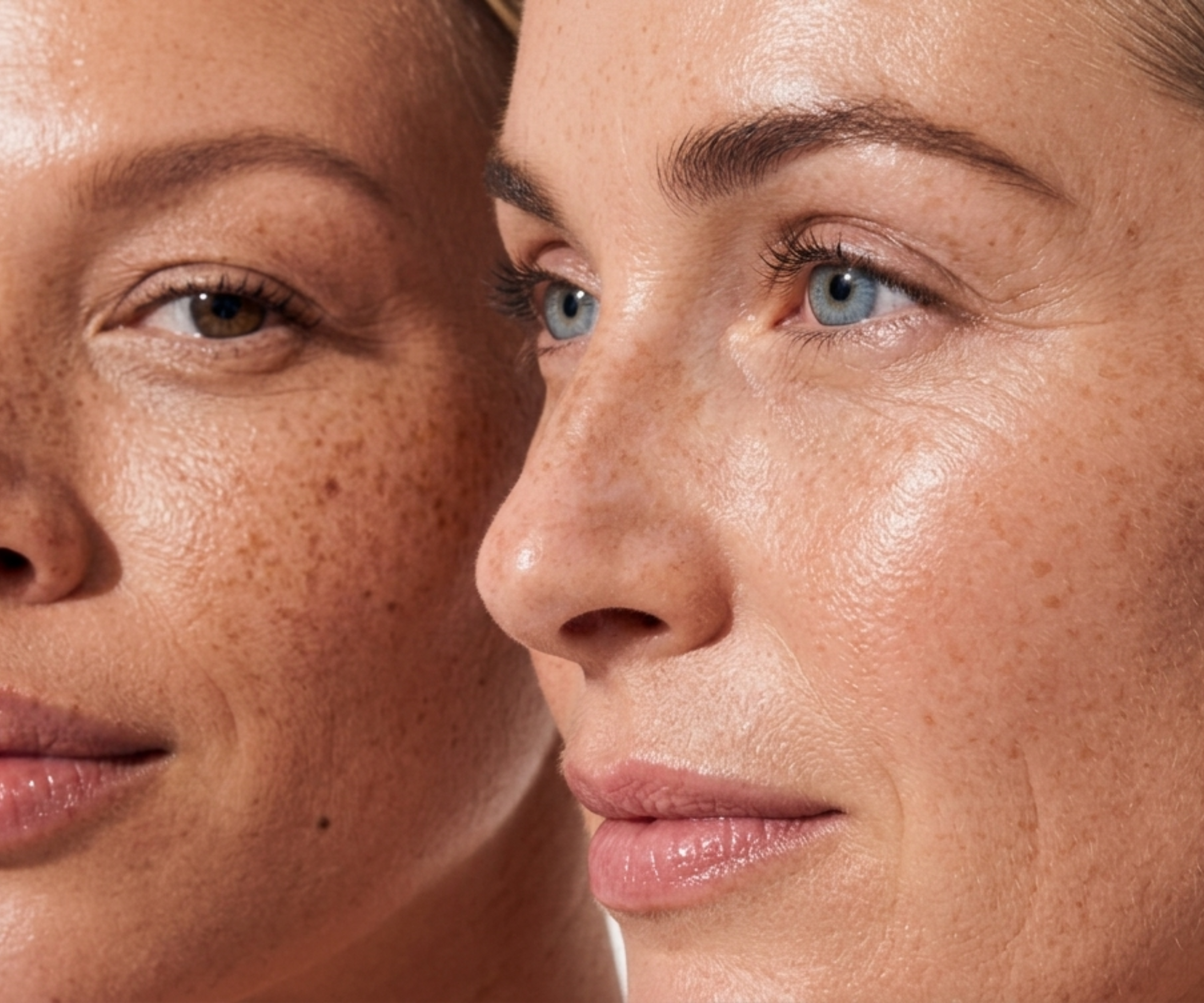 A close-up of the faces of two women with freckled skin, one with blue eyes and one with brown.