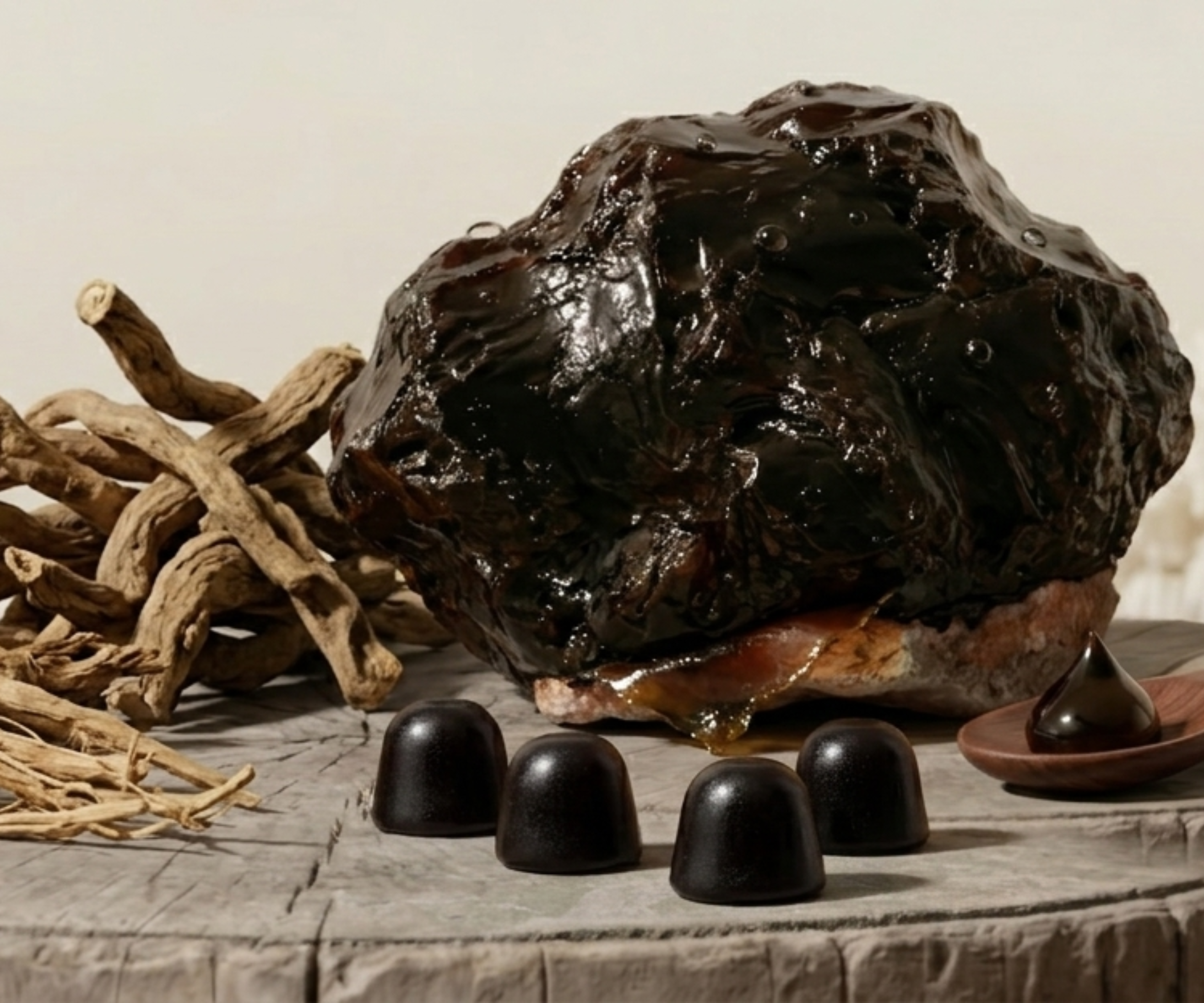 A large, dark, shiny mass, a pile of dried roots, and several small black domes.