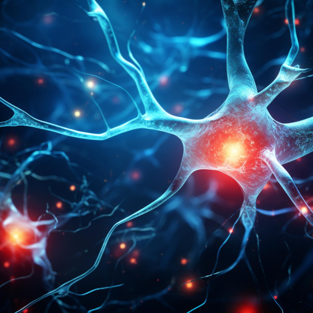 Abstract depiction of neuron with glowing connections.