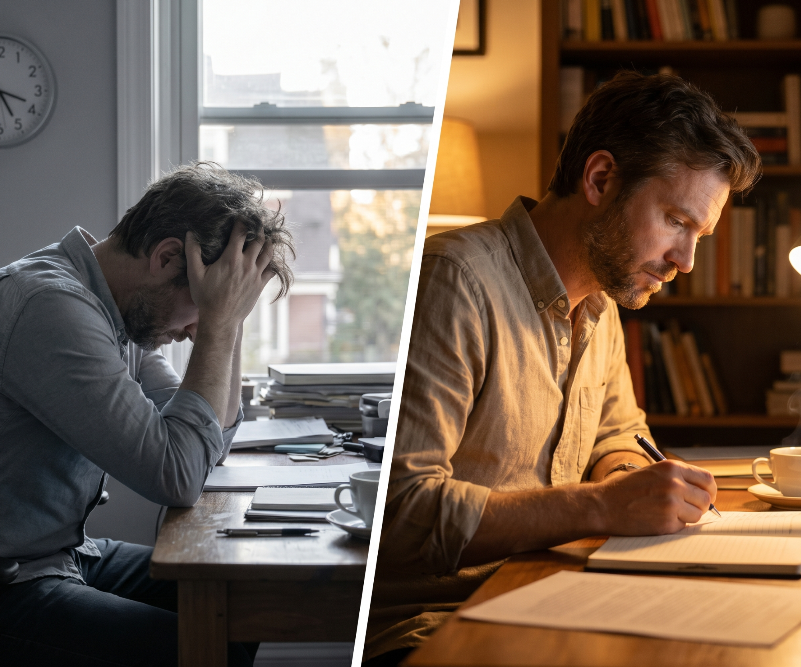 A split image shows a man stressed at a desk by day and focused writing by night.
