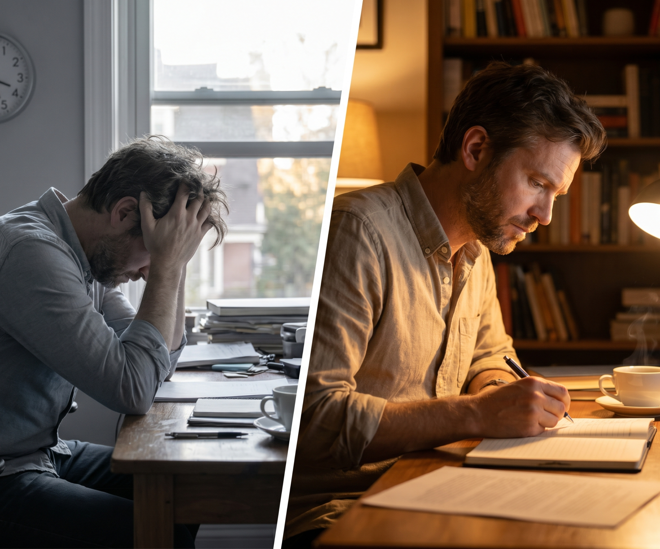 A split image showing a man looking stressed at a desk and the same man looking focused while writing.