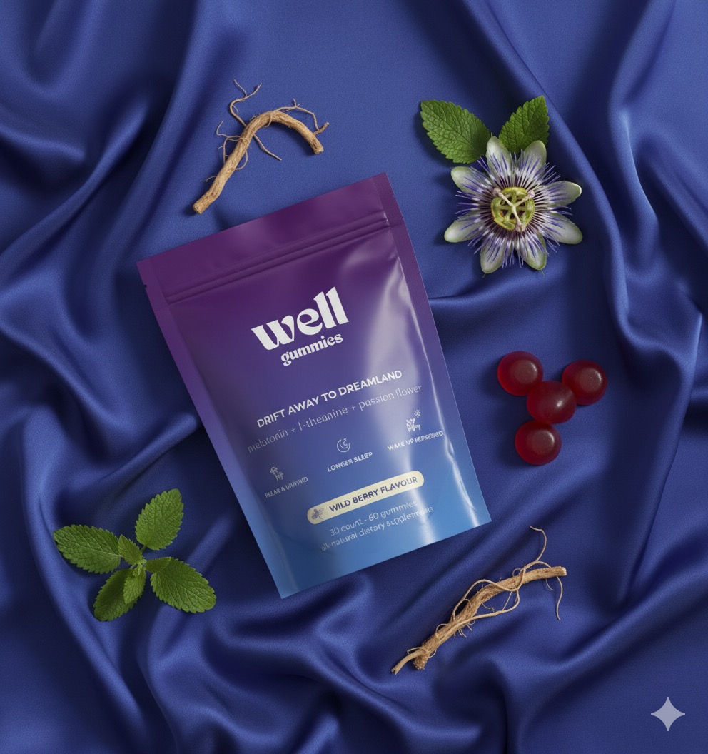 Gummy pack on blue fabric with herbs, a flower, and red gummies.