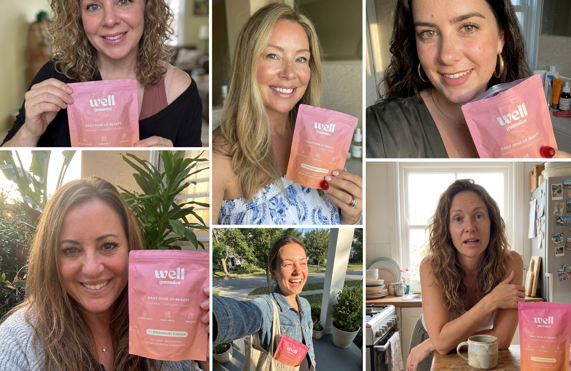 A collage of six different women, each holding a pink pouch of Well gummies.