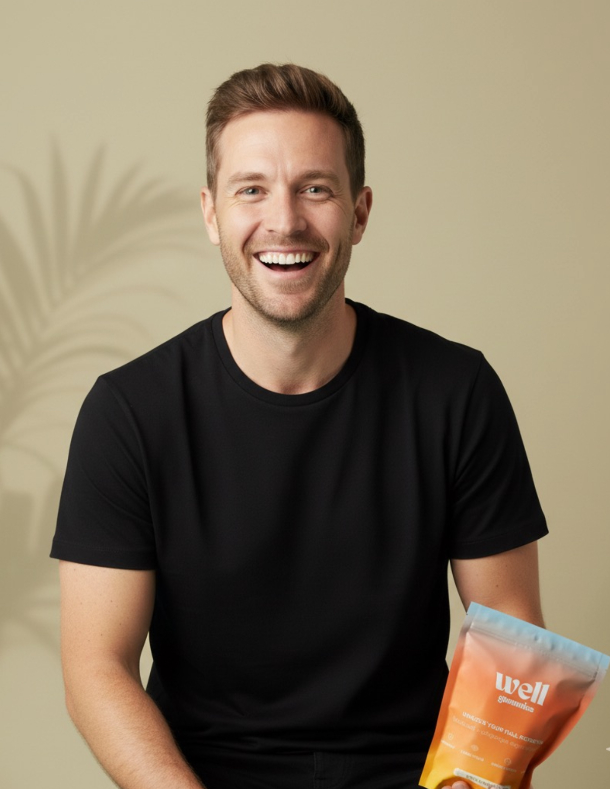 Smiling person holding a package labeled 'Well Gummies' against a beige background.