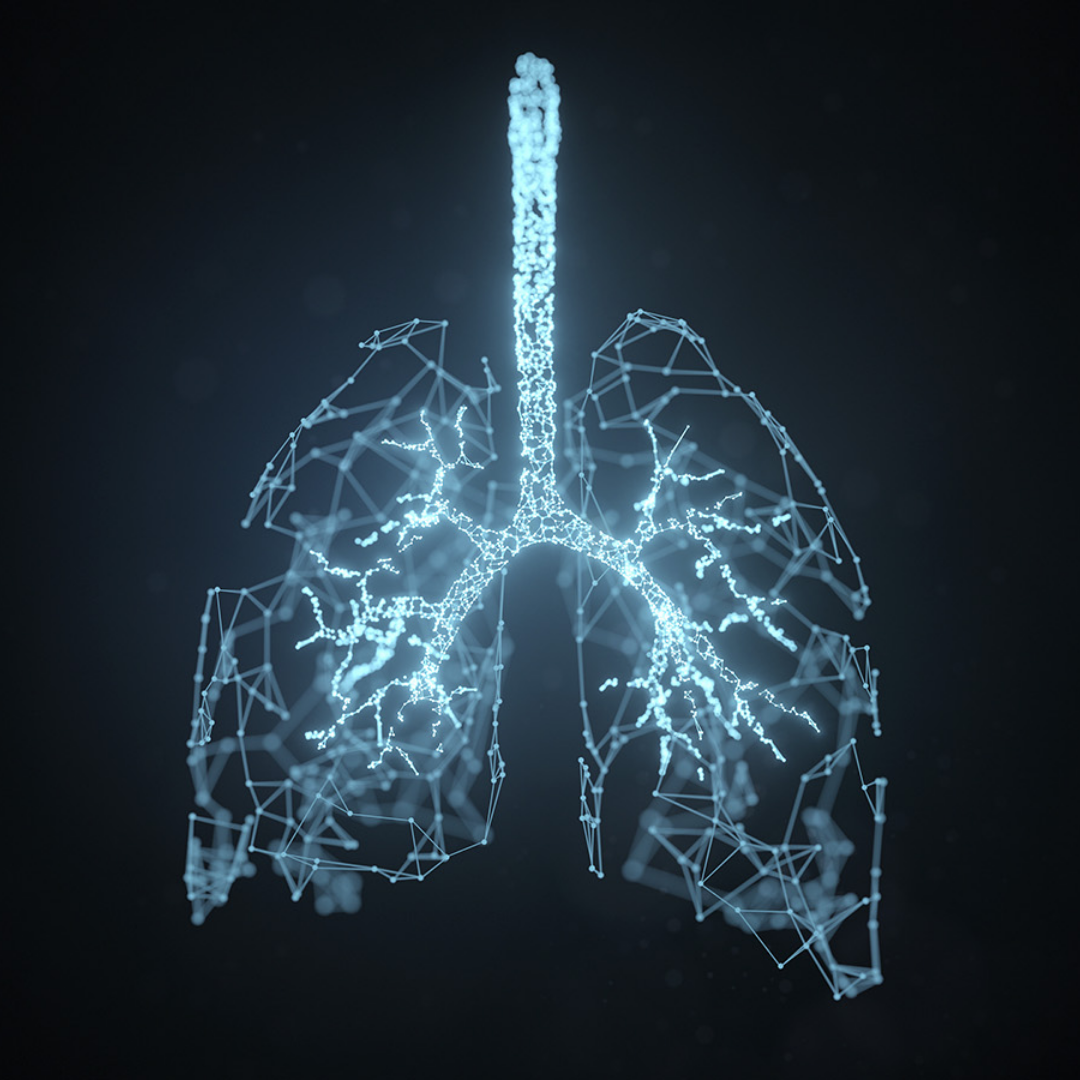 Digital illustration of lungs made with glowing network lines.