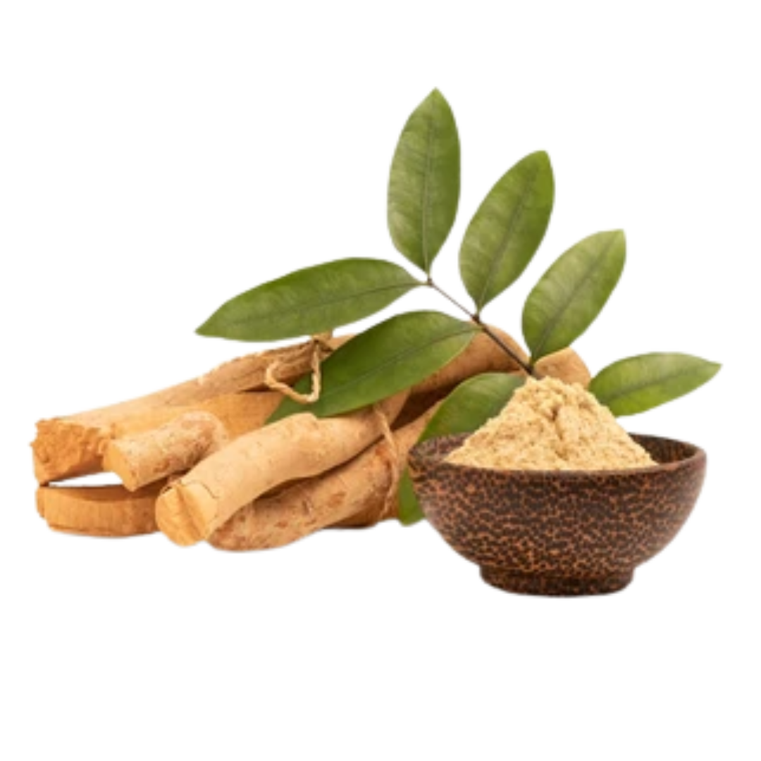 Herbal roots, green leaves, and a bowl of powder on a white background.