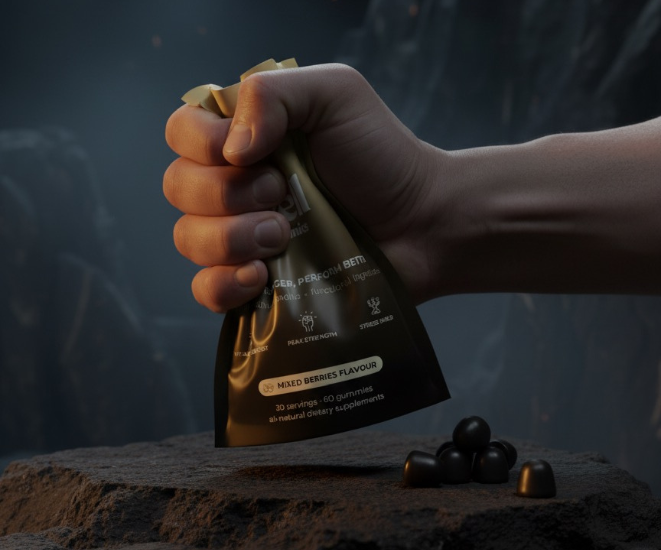 A hand grips a pouch of mixed berry gummies on a rock, with several gummies nearby.