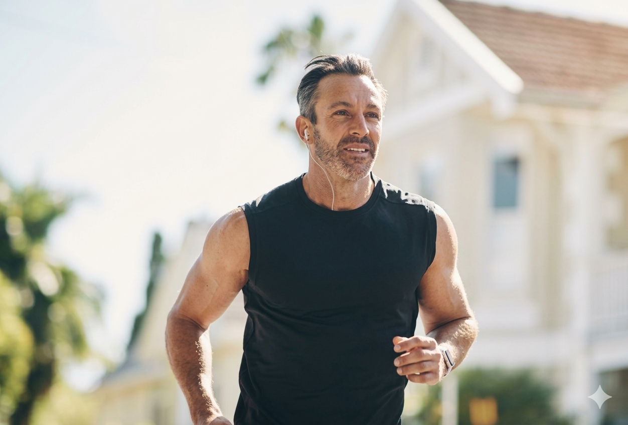 A middle-aged man with earbuds in a black sleeveless shirt runs outside on a sunny day.