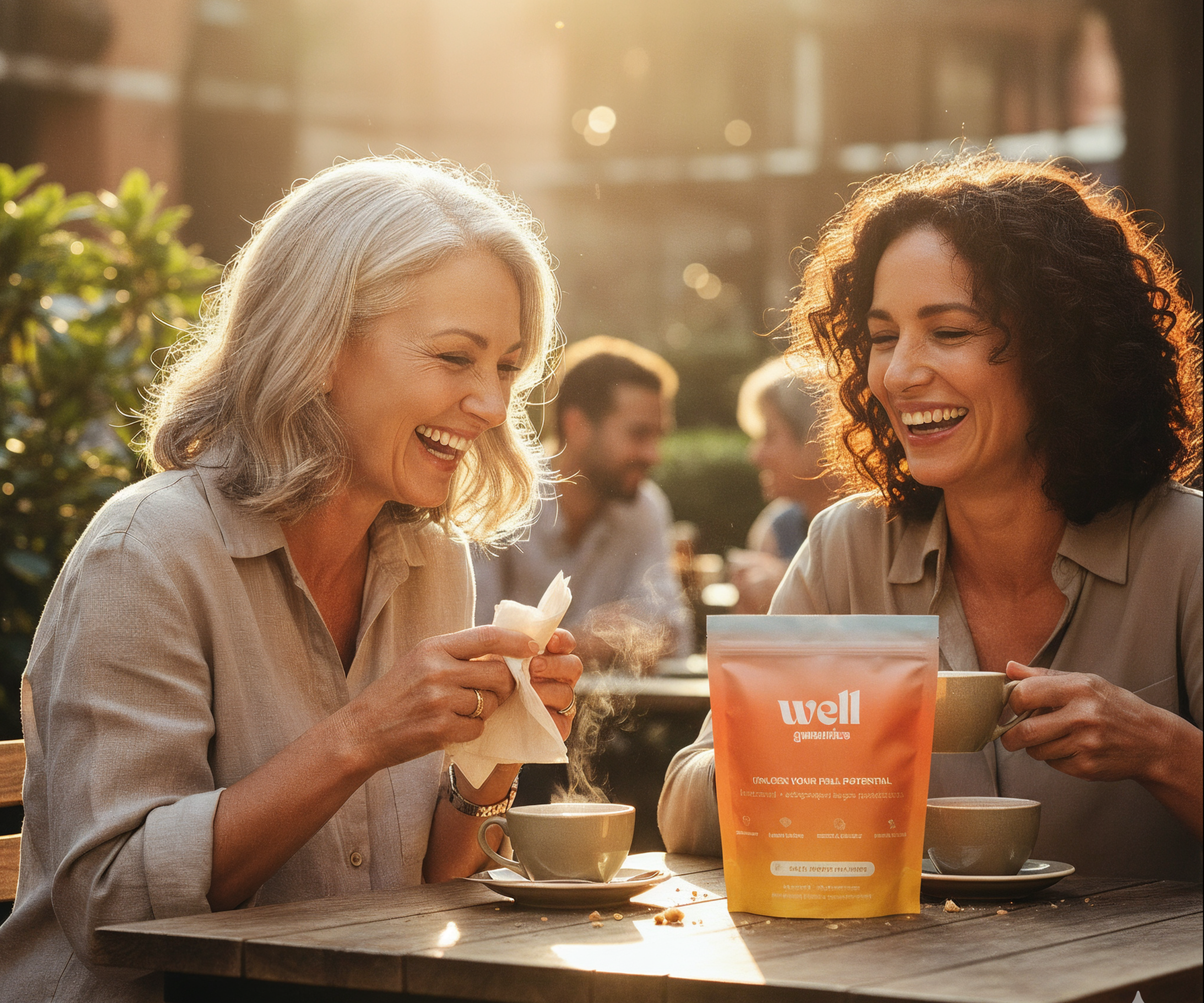 Two women laugh while sitting at a sunlit outdoor table with mugs and a wellness product pouch.