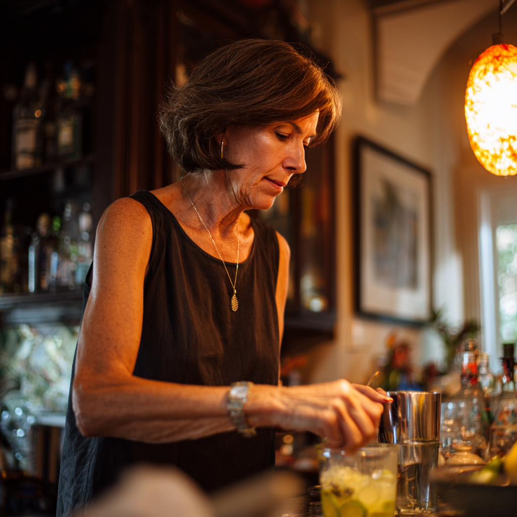 A woman preparing drinks in a warmly lit kitchen.