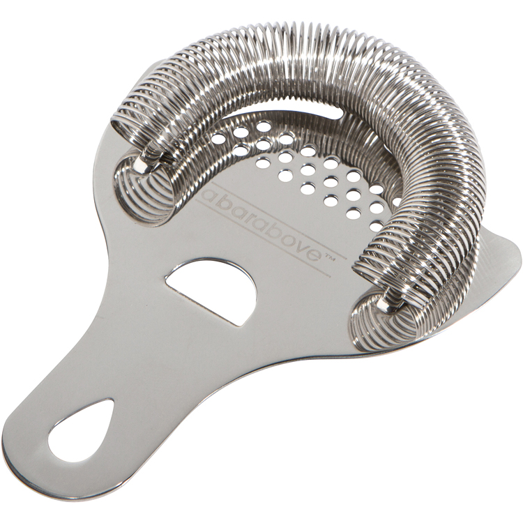Stainless steel cocktail strainer with coiled spring and handle.
