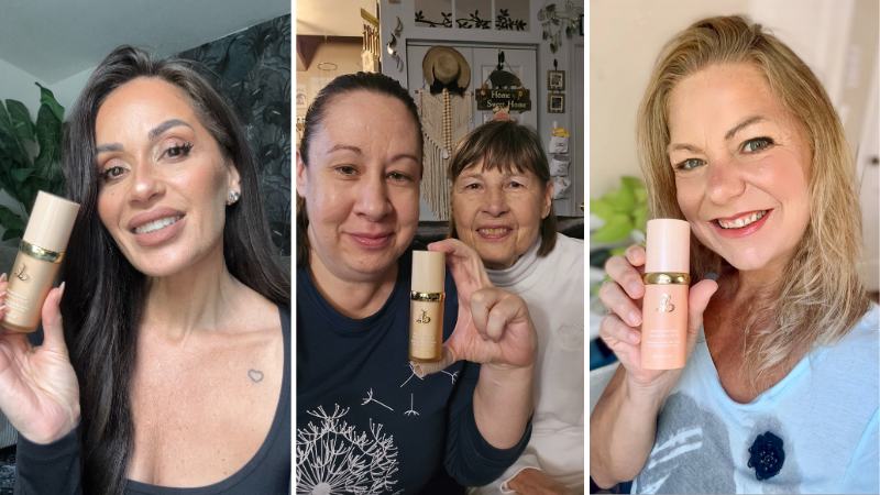 Three photos of people holding skincare bottles and smiling.