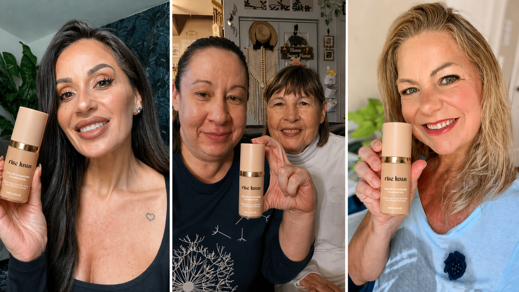 Three photos of people holding skincare bottles and smiling.