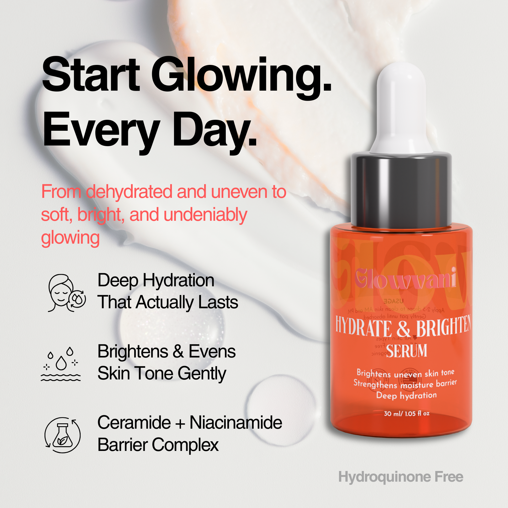An advertisement for Glowvani Hydrate & Brighten Serum, listing its benefits next to the product bottle.