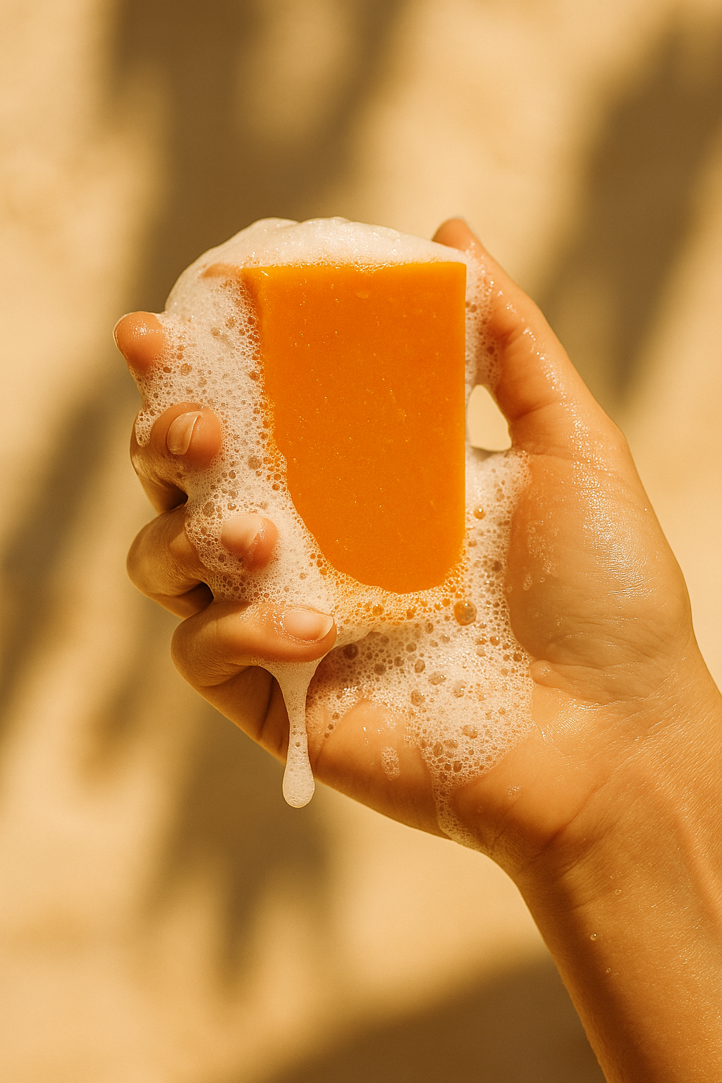 Hand holding an orange soap bar with foam.