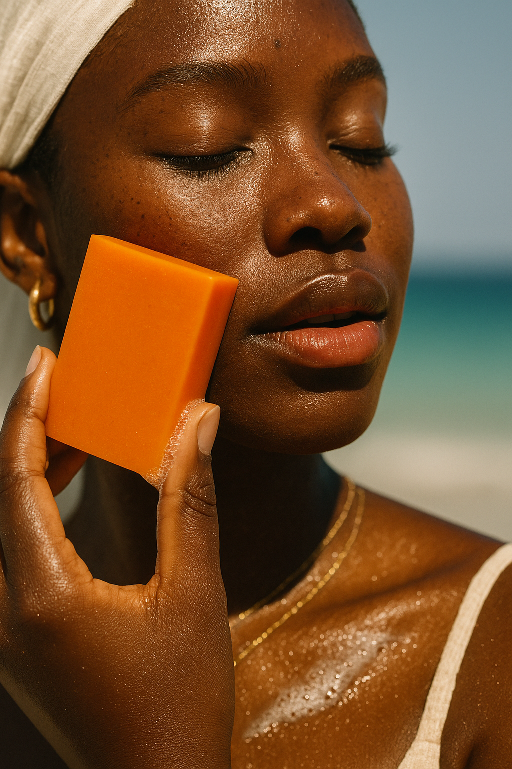 Person holding a bar of orange soap near their face.