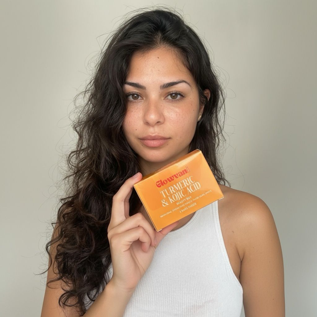 Person holding an orange box labeled 'Turmeric & Kojic Acid' in front of a plain background.
