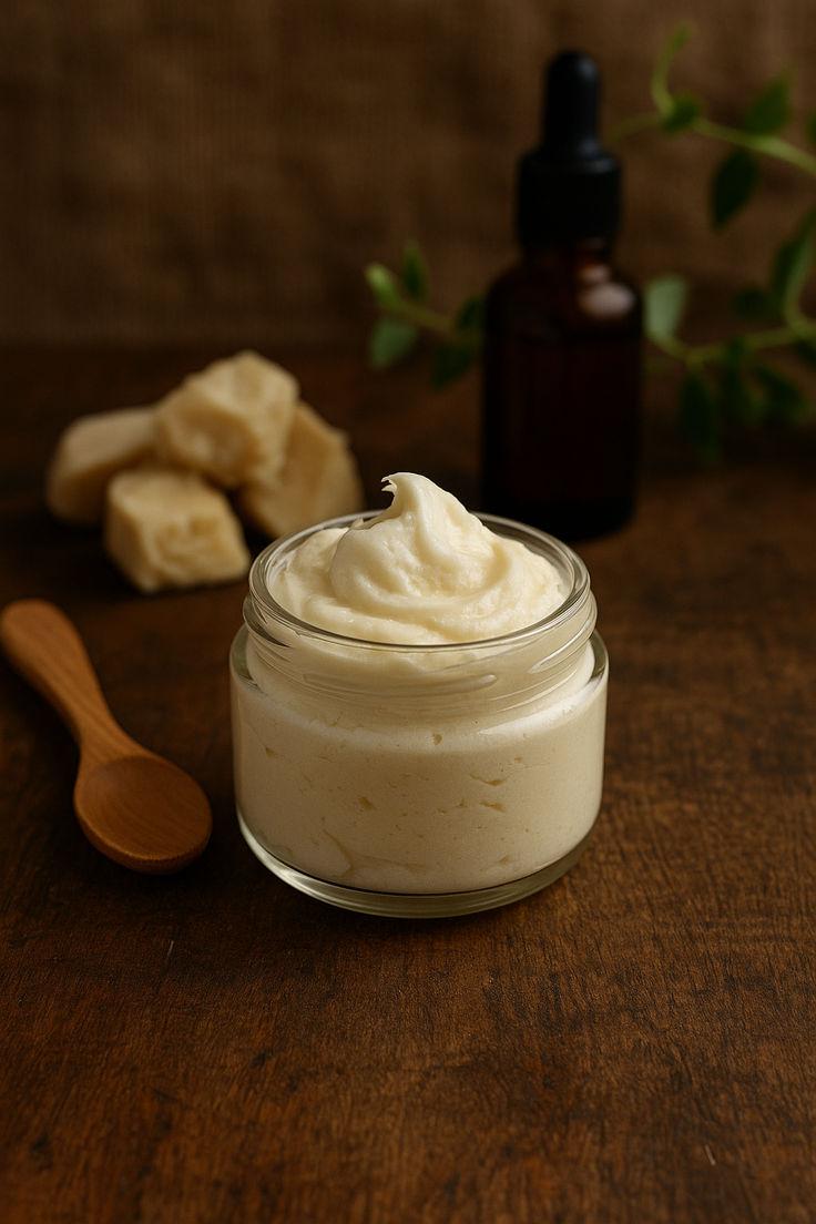 A small glass jar of white cream, a wooden spoon, and ingredients on a dark wooden surface.