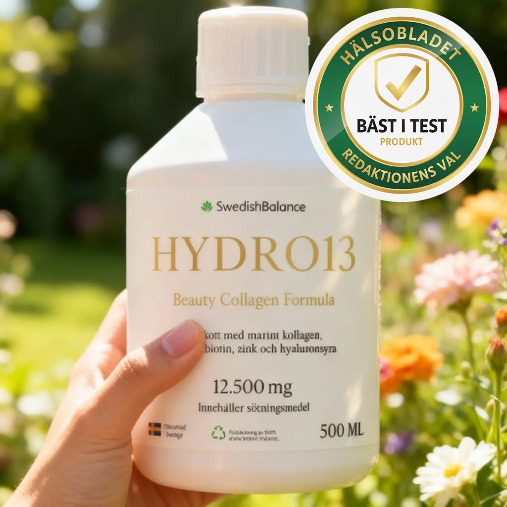 Hand holding HYDRO13 Beauty Collagen Formula bottle with a quality seal, surrounded by flowers.
