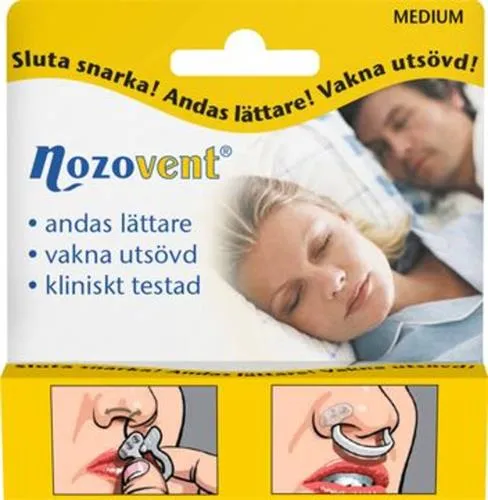 Packaging for Nozovent nasal device with sleeping people and usage illustrations.