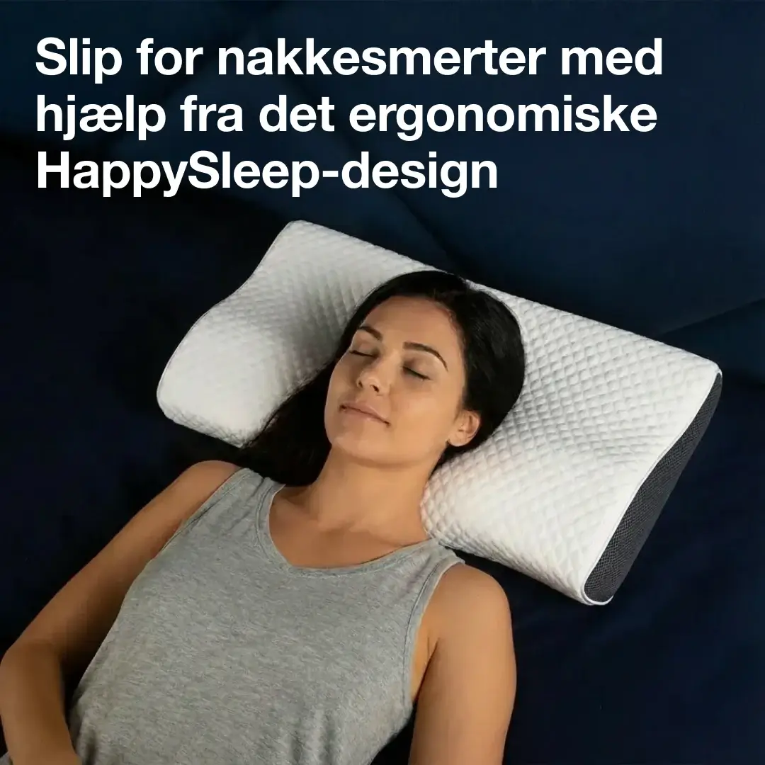 A woman with her eyes closed rests her head on a white contoured pillow while lying on a blue surface.