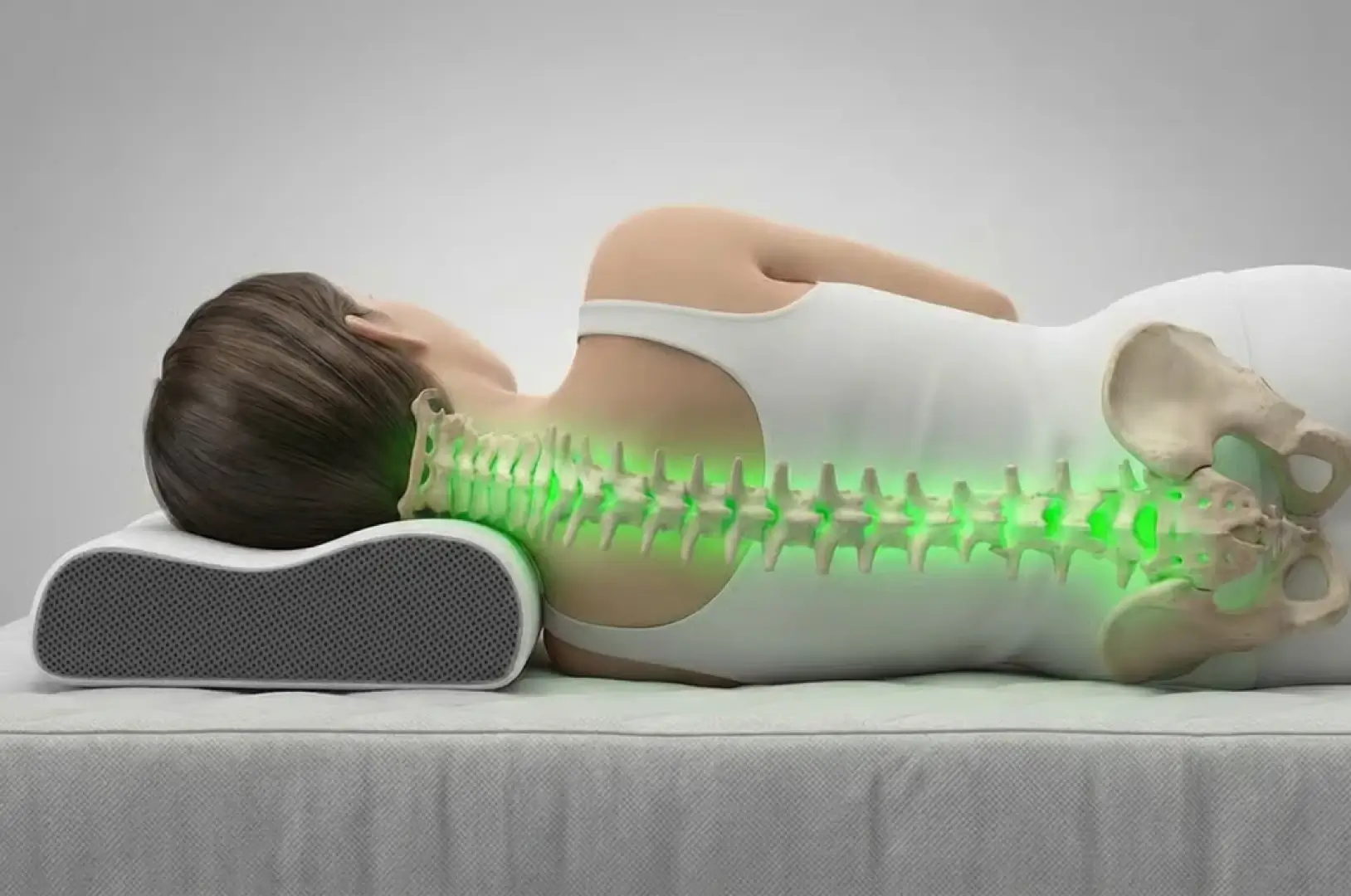 A medical illustration of a person on a contour pillow showing proper green-highlighted spinal alignment.