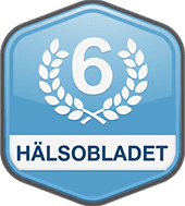 Blue badge with number six and text 'HÄLSOBLADET'.