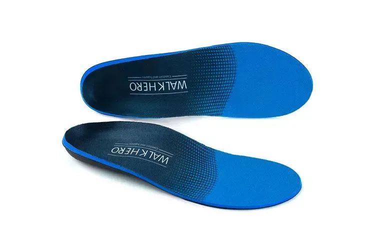 Blue insoles with the brand name Walk Hero printed on them.