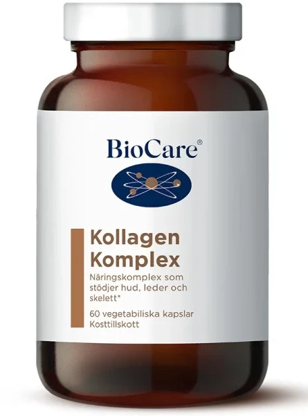 Brown bottle labeled 'BioCare Kollagen Komplex' dietary supplement.