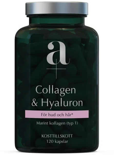 Green bottle labeled Collagen & Hyaluron with 120 capsules.