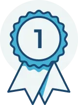 Blue number one ribbon badge with two tails.