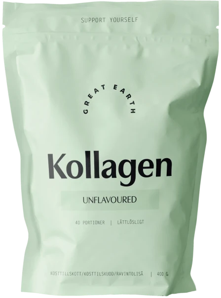 A green bag of Great Earth Kollagen, unflavoured, labeled as 400g, with text in multiple languages.