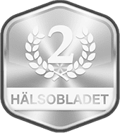 Silver badge with number 2 and 'HÄLSOBLADET' text.