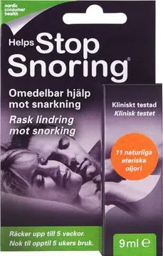 Product packaging for snoring relief spray with couple sleeping peacefully.