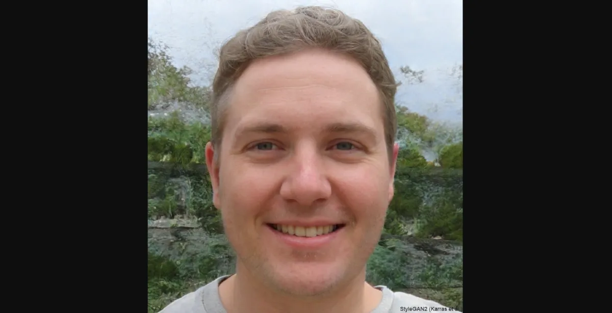 A smiling person with short hair against a blurred outdoor background.