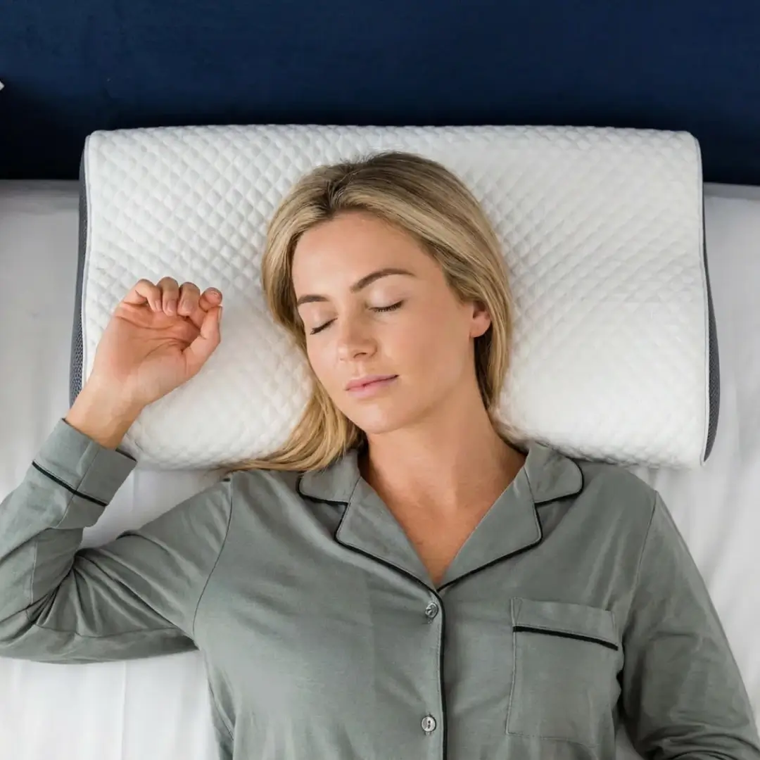 An overhead shot of a woman with blonde hair sleeping on her back on a white quilted pillow.