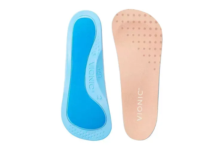 Two shoe insoles, one blue, one beige with Vionic branding.