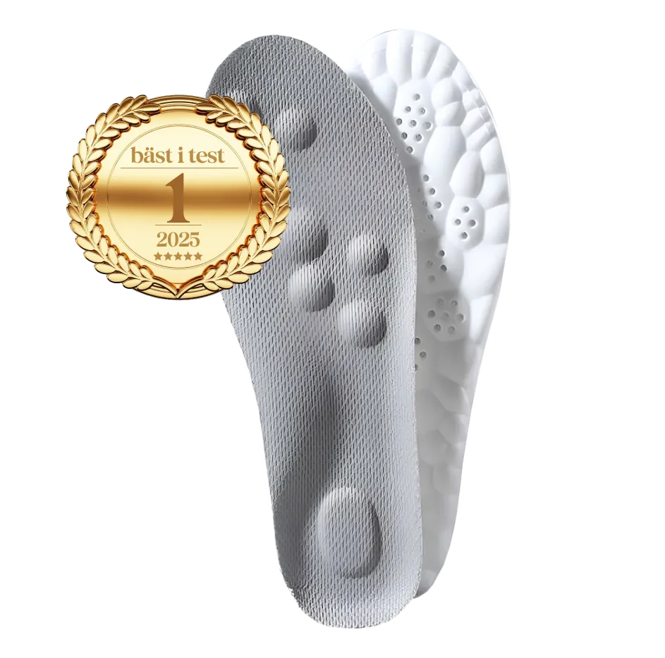 Two shoe insoles with a gold award badge 'bäst i test 2025'.