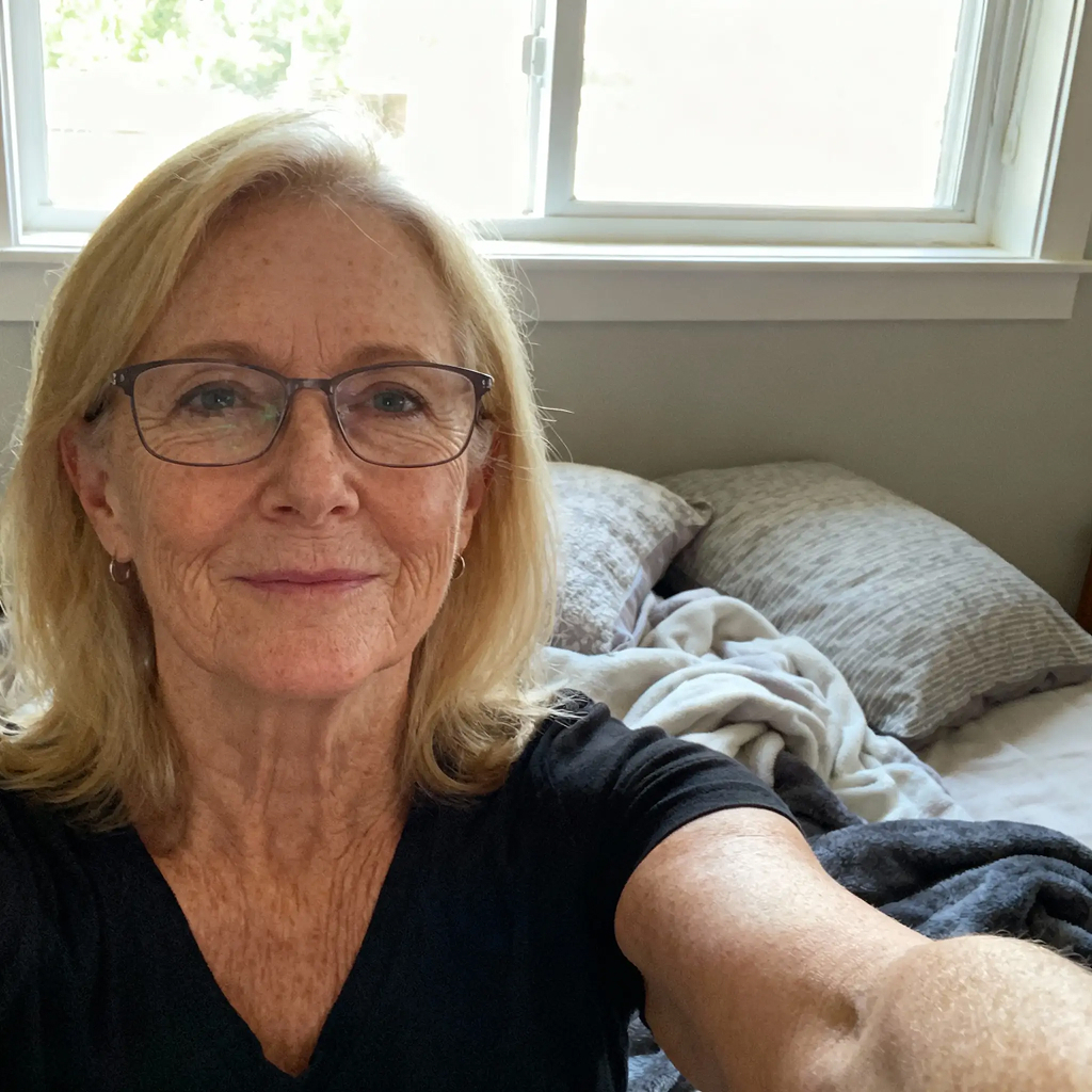 Person with glasses smiling, sitting on a bed with pillows and blanket in background.